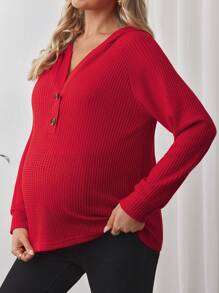 SHEIN 女士连帽衫 华夫格针织 抽绳纽扣 V 领 长袖 套头衫 休闲运动衫