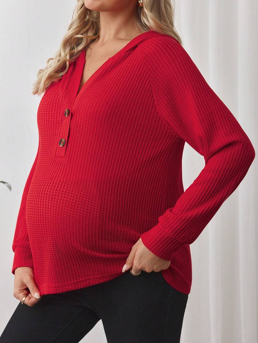 SHEIN 女士连帽衫 华夫格针织 抽绳纽扣 V 领 长袖 套头衫 休闲运动衫