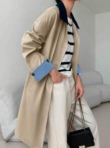 EastFlair Korean Fashion Women Casual Color Block Pocket Design Trench Coat