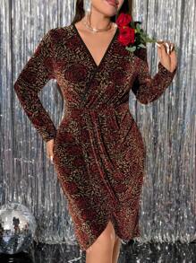 SHEIN Clasi Plus Size Women Valentine's Day Rose Foil Print Long Sleeve Regular Fit Elegant Party Dress, Autumn/Winter - Red - View 4