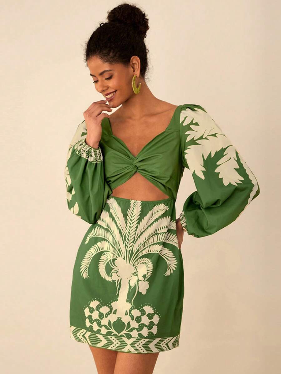 Travachic Women's Floral Print Twist Front Hollow Hem Short Sleeve Casual Mini Dress - Green - View 1