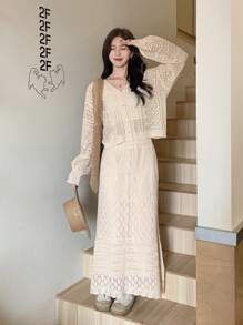 FRIFUL 2pcs Women's Set: Solid Color Button-Front Long Sleeve Hollow Minimalist Blouse And Skirt