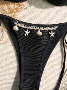 SHEIN Swim 2pcs Vintage Bikini Set, Black Textured Fabric With Shell Tape Decor Steel Rings Side Tie Tankini For Summer Beach Vacation - Black - View 5