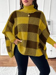 SHEIN Unity Plus Size Turtle Neck Long Sleeve Plaid Casual Pullover Sweater Knit Pullover Fall Winter Sweater