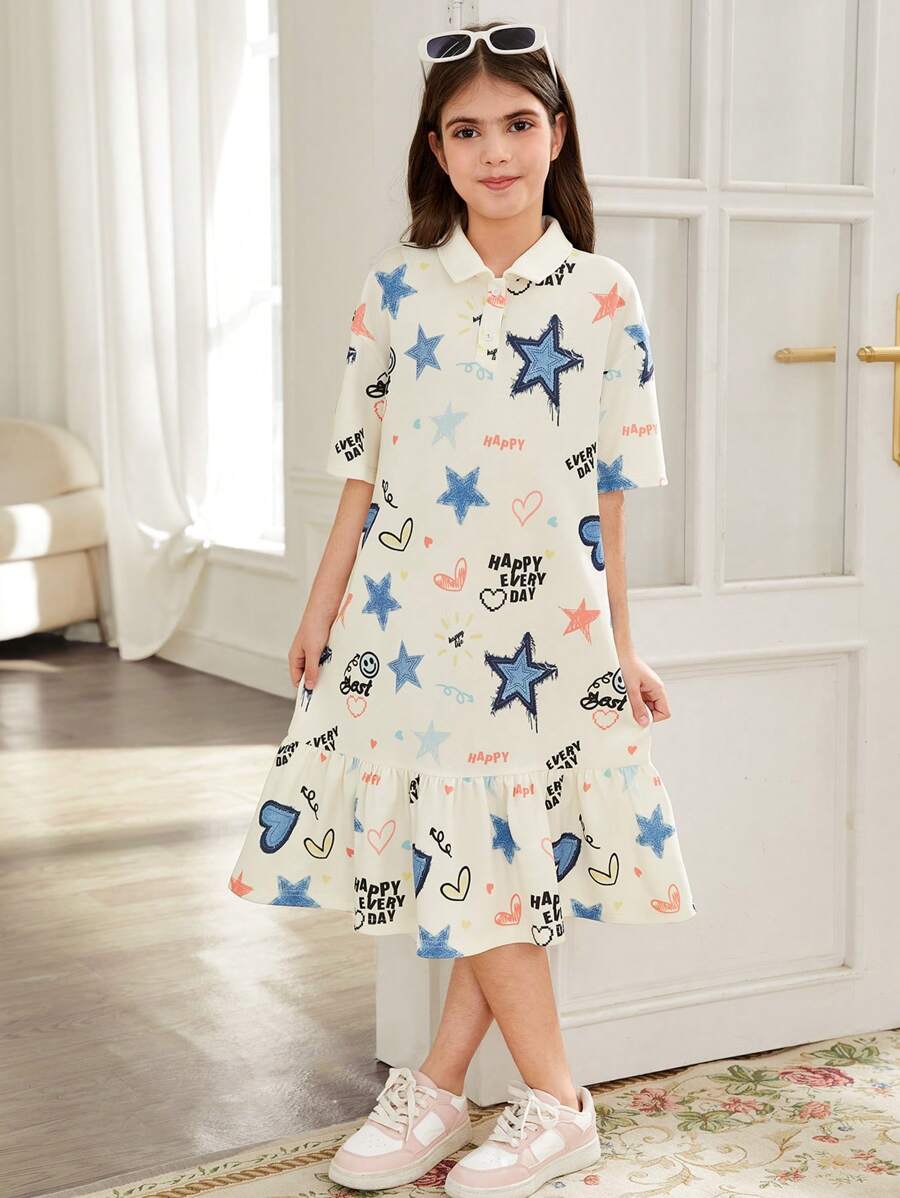 SHEIN Lässiges Straßenmode-Kleid für Tween-Mädchen im Jeans-Optik mit Graffiti-Herz-Grafik, Polo-Kragen, weitem Schnitt, Patchwork und gerafften Ärmeln in Midi-Länge