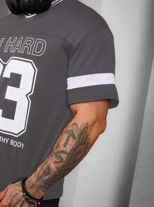 Gym Rark Kaos Olahraga Kasual Lengan Pendek Leher V dengan Motif Garis Huruf untuk Pria, Jersey Basket Dasar, Sepak Bola - Dark Grey - View 3