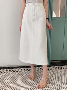 DAZY 纯色开衩口袋女士直筒长款休闲牛仔裙 - 白色 - 查看 4