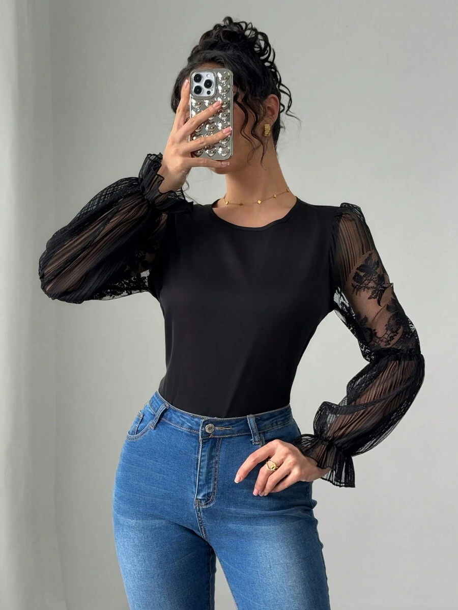 SHEIN Unity Women's Regular Woven Round Neck Solid Color Long Sleeve Shirt With Contrast Lace, Suitable For Spring - Black - View 1