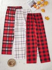 Set de 3 pantalones de pijama con cintura elástica y estampado a cuadros casual