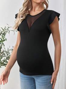 SHEIN Maternity Simple Round Neck Mesh Patchwork Top, Casual Daily Wear - Black - View 1