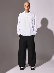 Sumwon Premium Pinstripe Button-Down Shirt Long Sleeve Classic Business Professional Office Regular Fit Autumn Winter Lightweight Collared Designer Label - Black and White - View 3