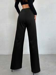 SHEIN Privé Women's Black Minimalist High-Waisted Micro Flared Trousers, V-Shaped Notched Waist Head Design, Slim And Versatile Trousers,Black Stretch Trousers,Elegant/Commuter/Casual - Black - View 2