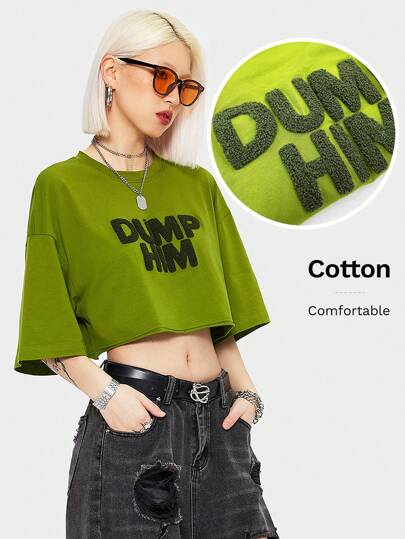 Coolane Women Letter Embroidery Drop Shoulder Loose Casual Short Sleeve Round Neck T-Shirt