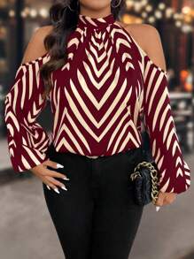 大码女式条纹露肩长袖宽松时尚衬衫 - 紅色 - 查看 1