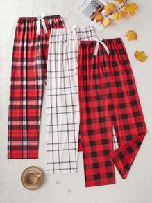 Set de 3 pantalones de pijama con cintura elástica y estampado a cuadros casual