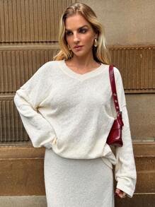 Forever 21 女士 V 领落肩长袖休闲毛衣，纯色，秋冬 - 白色 - 查看 6