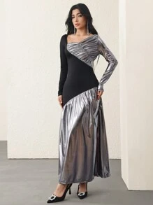 Modelyn 女式金属面料长款紧身拼接优雅针织连衣裙 - 彩色 - 查看 5