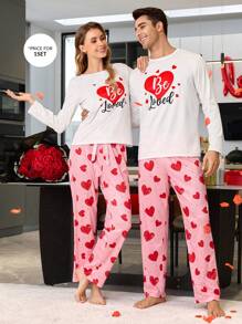 CoupledUp Conjunto de pijama de manga larga y pantalones largos con patrón de corazón y contraste de colores, para hombre, como regalo del Día de San Valentín