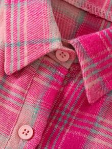 年轻女孩休闲长袖格子衬衫夹克，翻领不对称下摆时尚衬衫适合度假、旅行、户外、春秋季 - 彩色 - 查看 3