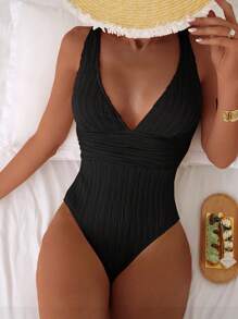 Swim Basics Summer Women's Solid Color Sleeveless V-Neck Slim Fit One Piece Swimsuit