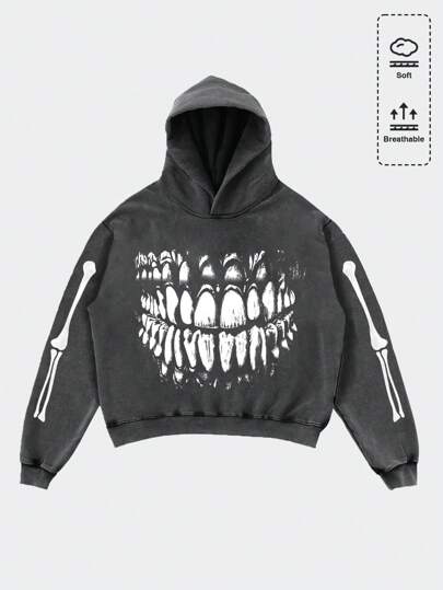 Street Life Herren Sweatshirt mit Kapuze, Muster mit Pferdezähnen im Vintage-Look