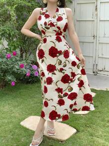 DAZY V-Neck Rose Print Sleeveless Belted Mid-Calf Length Dress For Women, Valentine's Day Floral Sundress