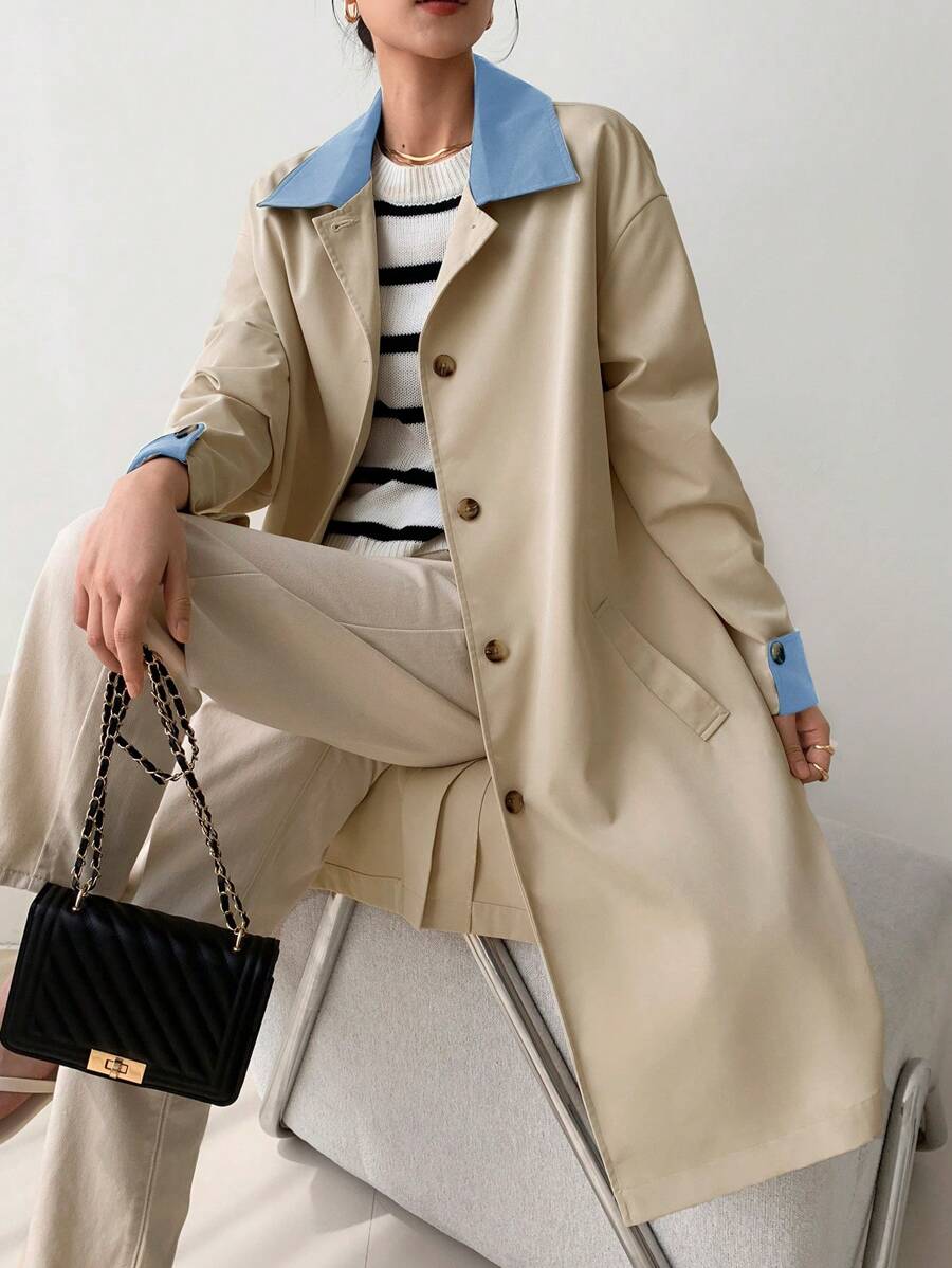 EastFlair Korean Fashion Women Casual Color Block Pocket Design Trench Coat