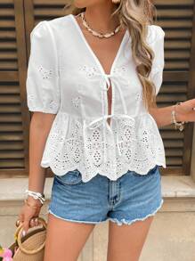 Calvaya Women's V-Neck Tie-Waist Puff Sleeve Schiffy Top