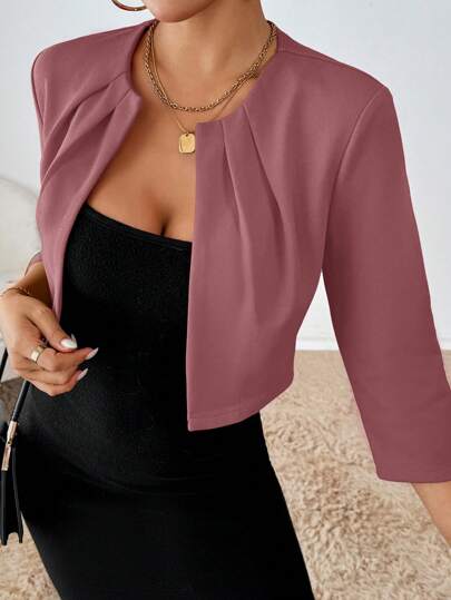 SHEIN Essnce Women's Open Front Cropped Jacket, Elegant Solid Color Jacket For Work In Fall, Winter