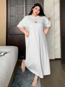 Dazy Plus 宽松长款卡通图案圆领 T 恤式睡裙，四季睡衣 - 灰色 - 查看 8
