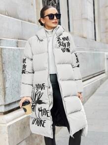 SHEIN Cottnline Plus Size Women's Winter Slogan Print Stand Collar Zipper Padded Coat - White - View 1