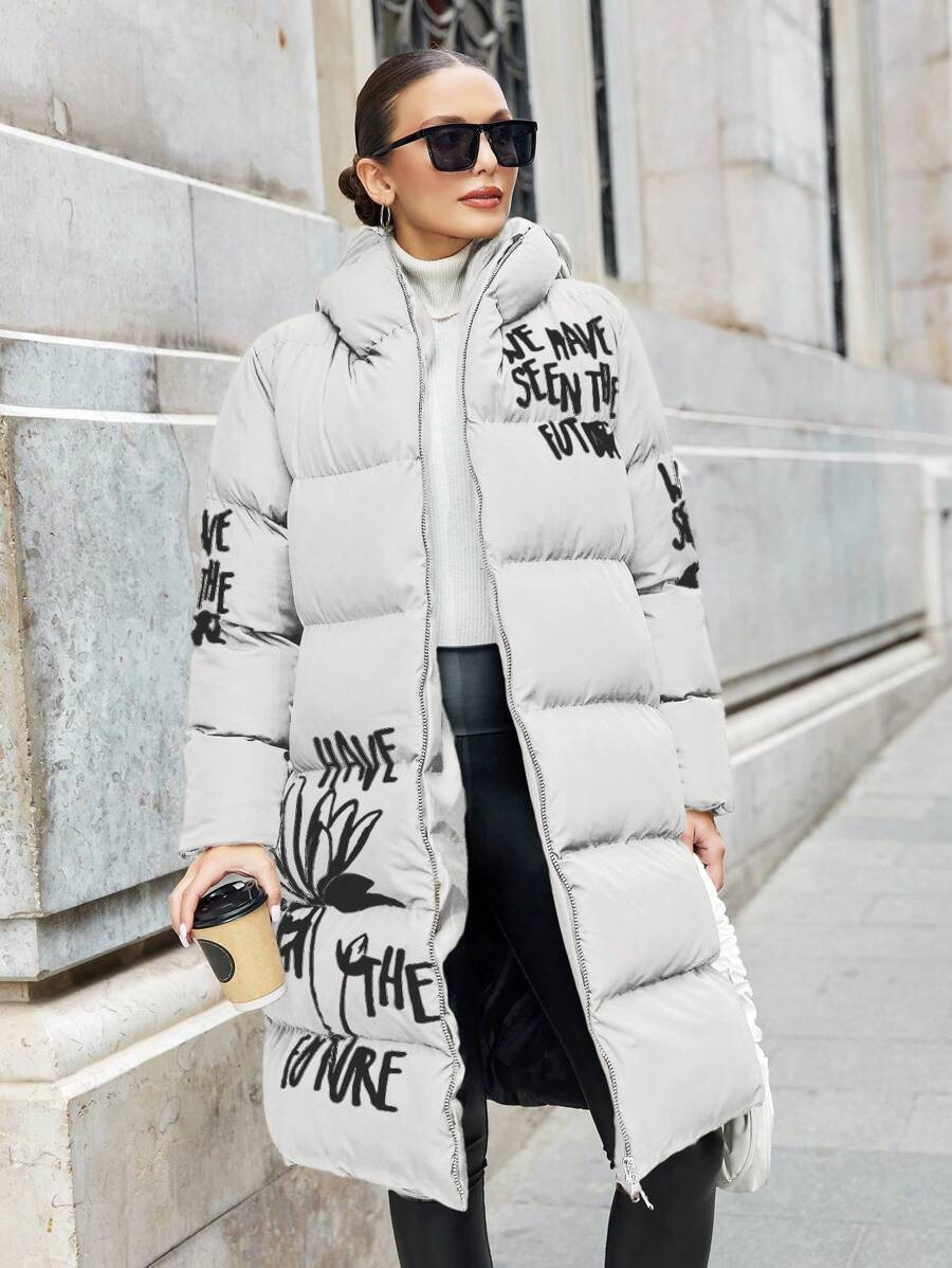 SHEIN Cottnline Plus Size Women's Winter Slogan Print Stand Collar Zipper Padded Coat - White - View 1