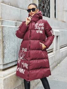 SHEIN Cottnline Plus Size Women Long Sleeve Zip Front Casual Padded Coat With Slogan Print, Winter - Burgundy - View 5