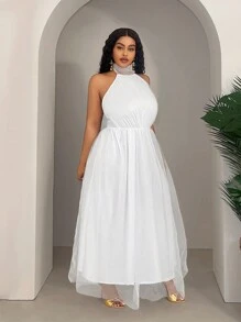 Slaydiva Plus Size Women's Elegant Wedding Big A-Line Puff Backless Dress - White - View 3
