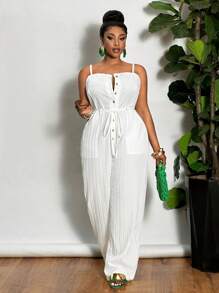 Slaydiva Versatile Minimalist White Casual All-Match Sexy Essentialist Plus Size Women Strappy Textured Fabric Knitted Jumpsuit, Suitable For Spring/Summer