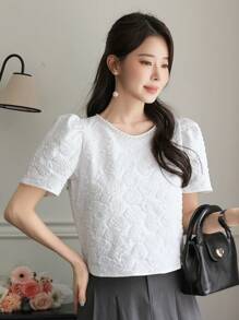 DAZY 婚礼嘉宾优雅串珠泡泡袖圆领女式 T 恤，夏季 - 白色 - 查看 4