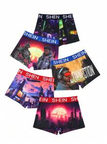SHEIN 5 stuks verpakking minimalistische boxershorts voor tienerjongens met stadsheldenprint