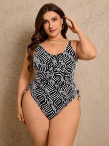 SHEIN Swim Curve 1 pieza Traje de baño de una sola pieza para mujer talla grande, con textura monocroma y rayas onduladas, para uso diario y vacaciones de verano