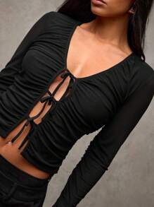 SHEIN BAE Women's Elegant Burgundy Solid Color Bow Ties With Mesh Knitted Gathered Long Sleeves Autumn Women's Business Casual Women's Knee Length Dress Autumn Women's Outfits/Office Siren Dress/Formal Tops/ Long Sleeve Top/Boho Top/ Long Sleeve Top - Black - View 6