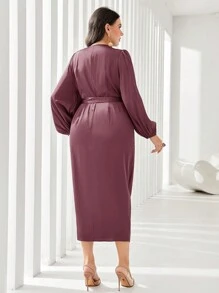 SHEIN PETITE CURVE Vestido de mujer talla grande de manga farol elegante con nudo lateral y envolvente