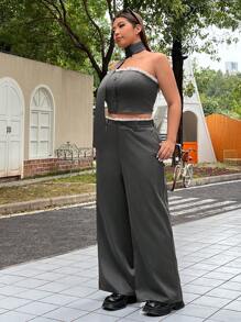 SHEIN EZwear Completo casual con pizzo e nastro per taglie forti - nero - Visualizzare 6