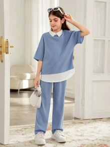 SHEIN Leap Crew Tween Girls' Casual Oversized Shirt Collar Drop Shoulder Short Sleeve Textured Color Block Shirt Top And Straight Leg Pants 2 Pieces Set - Blue - View 5