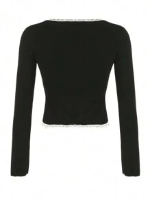 SHEIN EZwear Camiseta de talla grande con unicolor y ribete de encaje en contraste - Negro - Ver 2