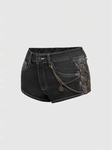 ROMWE Grunge Punk Vintage Chic Lace Patchwork Metal Chain Decor Low Waist Mini Denim Shorts - Black - View 4