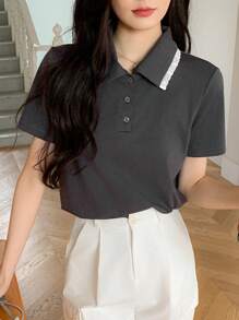 DAZY Contrast Ruffle Collar Women's Short Sleeve Casual T-Shirt - Dark Grey - View 3