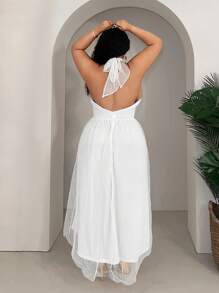 Slaydiva Plus Size Women's Elegant Wedding Big A-Line Puff Backless Dress - White - View 2