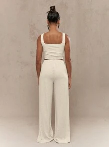 MISSGUIDED Conjunto de lujo de dos piezas de punto acanalado para estar en casa - conjunto de ropa de estar compuesto por top corto y pantalón de pierna ancha, ideal para yoga, viajes y ocio