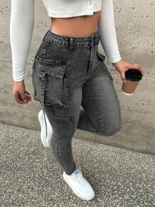 SHEIN ICON 性感紧身弹力牛仔裤，蓝色 - 黑色 - 查看 3