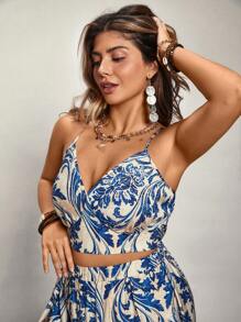 Freevana Plus Size Boho Cami Top & High Waisted Side Slit Skirt 2 Pieces Set, For Summer,Holiday Outfits Boho - Multicolor - View 4