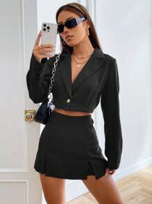 SHEIN EZwear 女士纯色短款夹克连衣裙秋冬简约时尚 - 黑色 - 查看 5